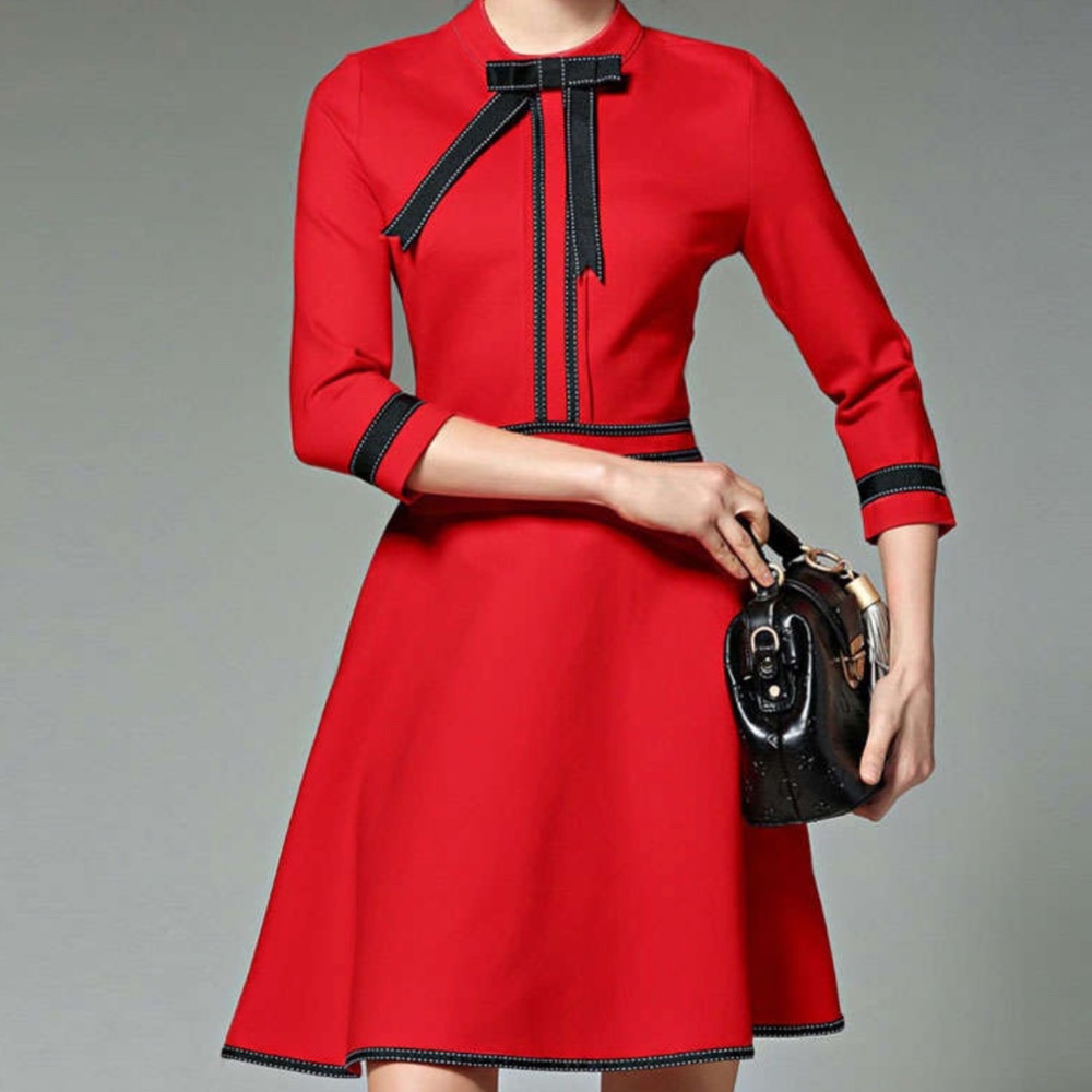 Red A-Line Dress with Black Trim